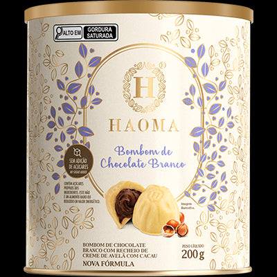 Lata com bombom de chocolate branco Haoma