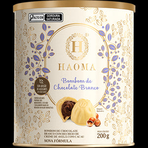 Lata com bombom de chocolate branco Haoma